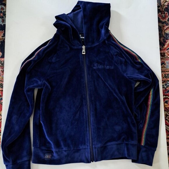 Skechers girl Navy soft Velour Hoodie with Colorful Stripe Size 8 - Picture 1 of 4